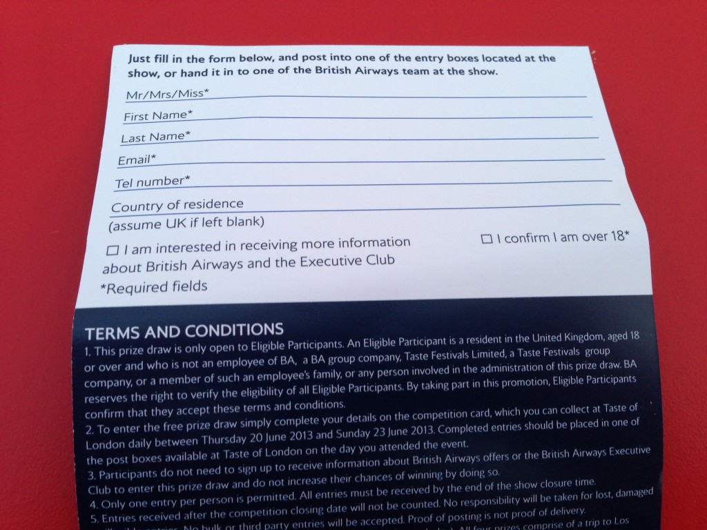BA Taste of London Competition Entry Form